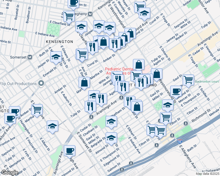 map of restaurants, bars, coffee shops, grocery stores, and more near 3072 Tulip Street in Philadelphia