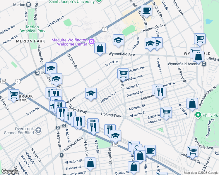 map of restaurants, bars, coffee shops, grocery stores, and more near 5810 Woodcrest Avenue in Philadelphia