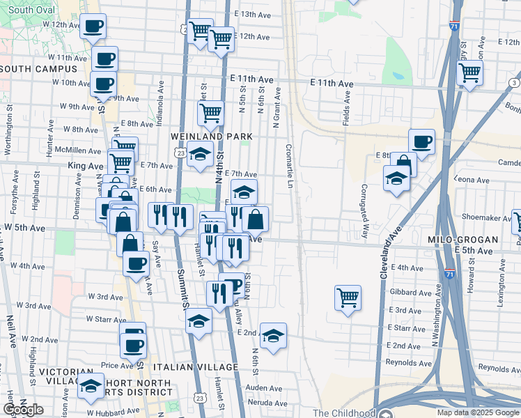 map of restaurants, bars, coffee shops, grocery stores, and more near 1218 North 6th Street in Columbus