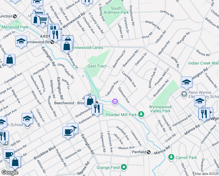 map of restaurants, bars, coffee shops, grocery stores, and more near 700 Lakeside Avenue in Havertown
