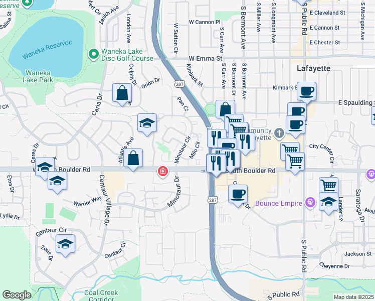 map of restaurants, bars, coffee shops, grocery stores, and more near 1031 Milo Circle in Lafayette