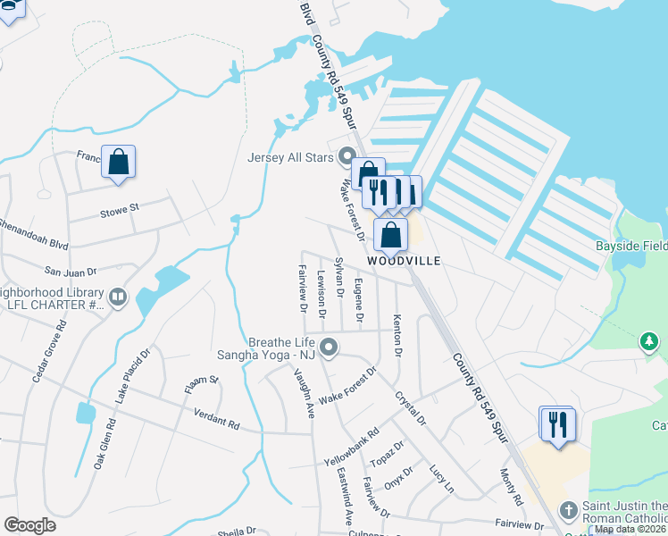 map of restaurants, bars, coffee shops, grocery stores, and more near 1608 Oak Glen Road in Toms River