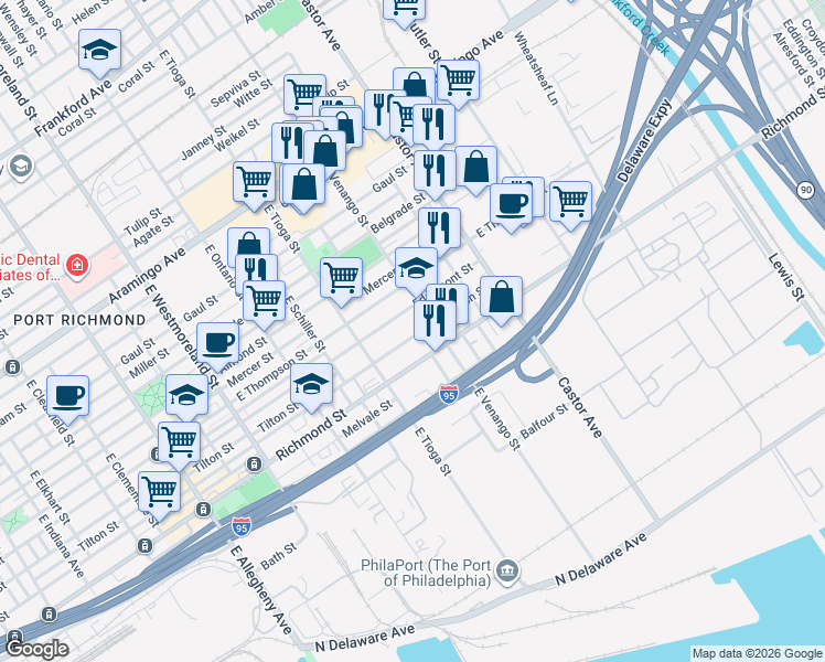 map of restaurants, bars, coffee shops, grocery stores, and more near 2730 East Venango Street in Philadelphia