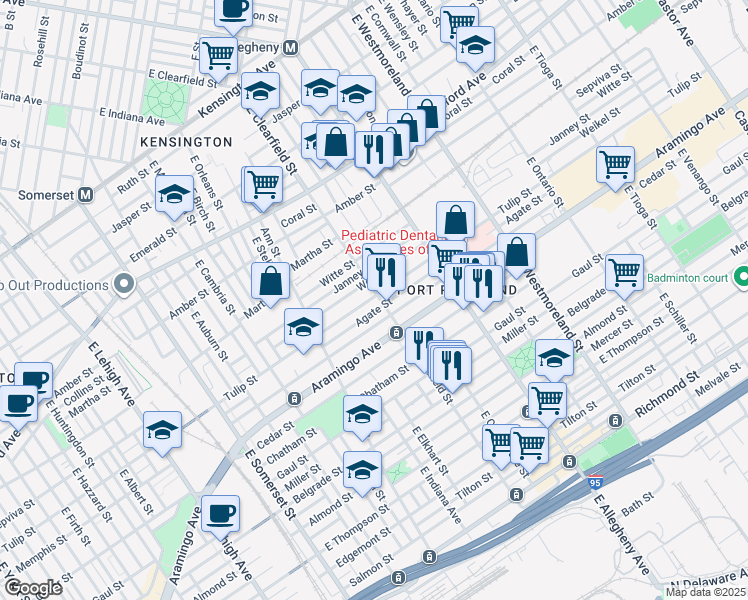 map of restaurants, bars, coffee shops, grocery stores, and more near 3105 Tulip Street in Philadelphia