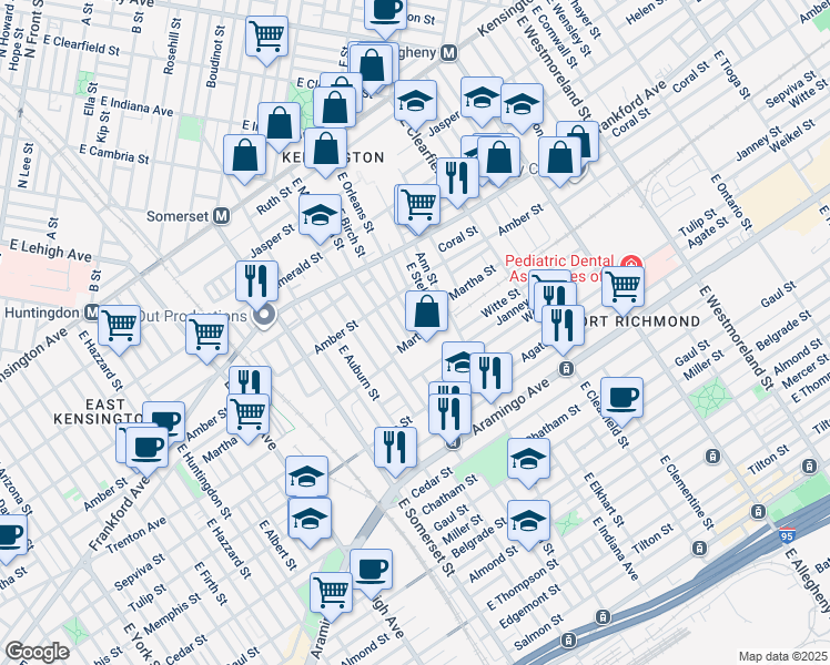 map of restaurants, bars, coffee shops, grocery stores, and more near 2160 East Orleans Street in Philadelphia
