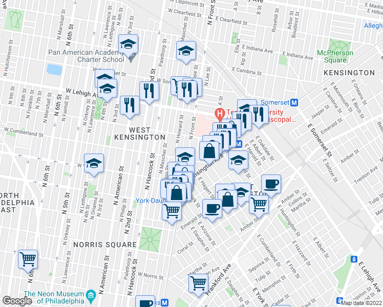 map of restaurants, bars, coffee shops, grocery stores, and more near 2535 North Lee Street in Philadelphia