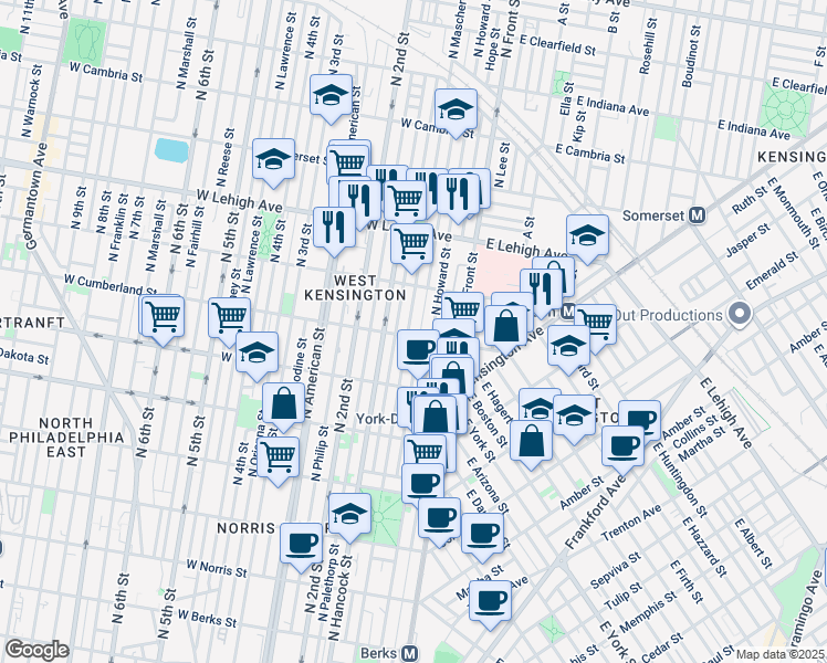 map of restaurants, bars, coffee shops, grocery stores, and more near 2514 North Mascher Street in Philadelphia
