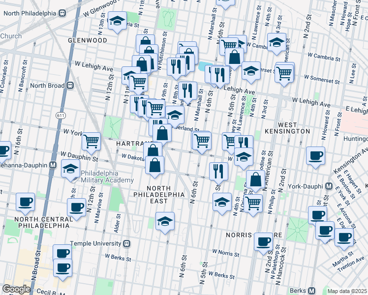 map of restaurants, bars, coffee shops, grocery stores, and more near 2422 North Marshall Street in Philadelphia