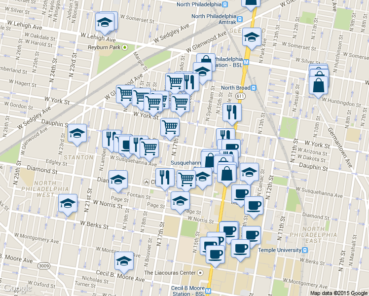 map of restaurants, bars, coffee shops, grocery stores, and more near 1639 West Dauphin Street in Philadelphia