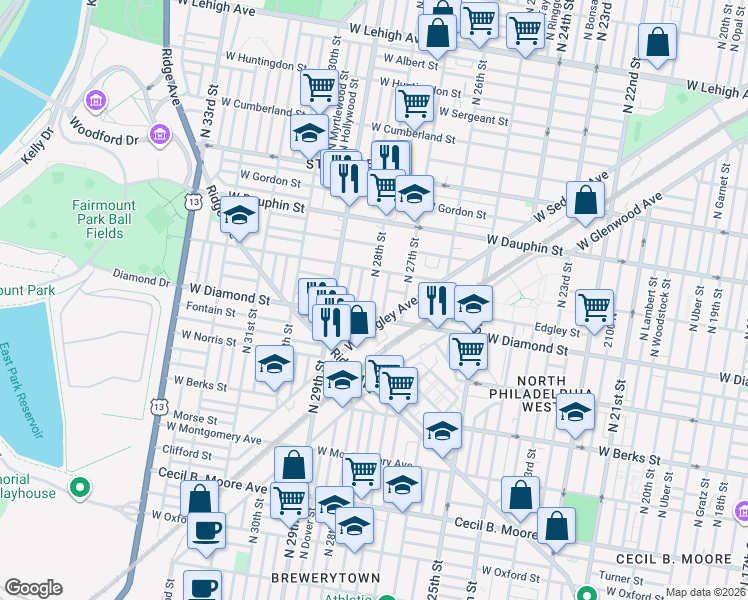 map of restaurants, bars, coffee shops, grocery stores, and more near 2139 North 28th Street in Philadelphia