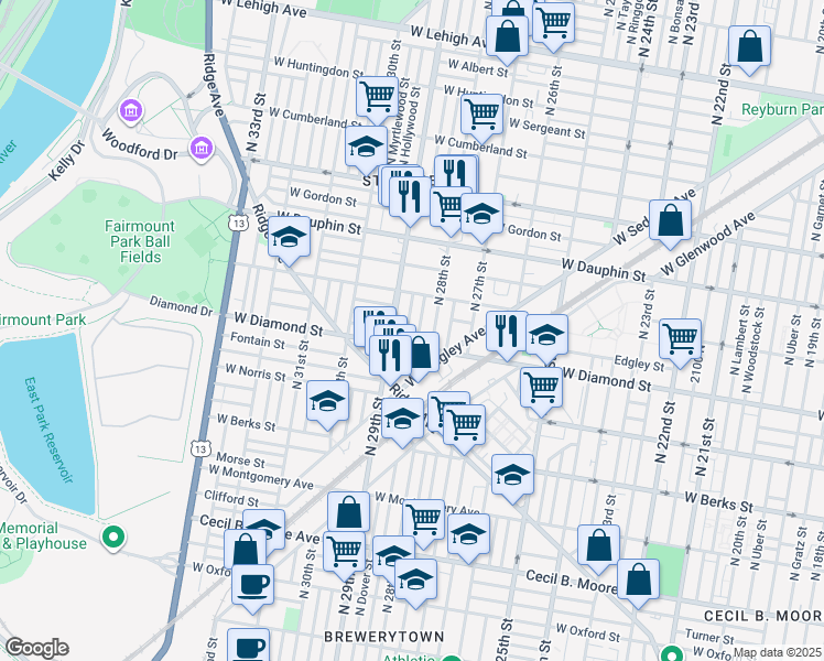 map of restaurants, bars, coffee shops, grocery stores, and more near in Philadelphia