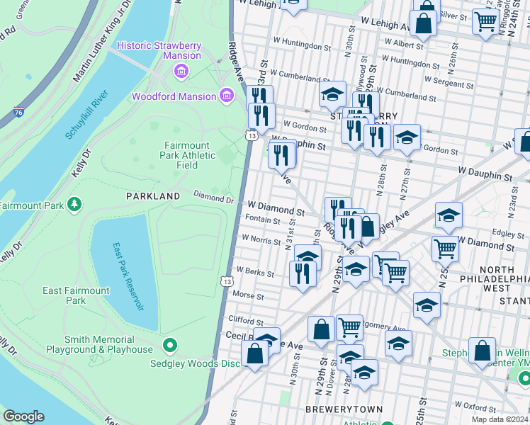 map of restaurants, bars, coffee shops, grocery stores, and more near 3214 West Diamond street in Philadelphia