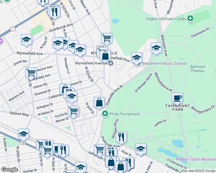 map of restaurants, bars, coffee shops, grocery stores, and more near 1952 Bryn Mawr Avenue in Philadelphia
