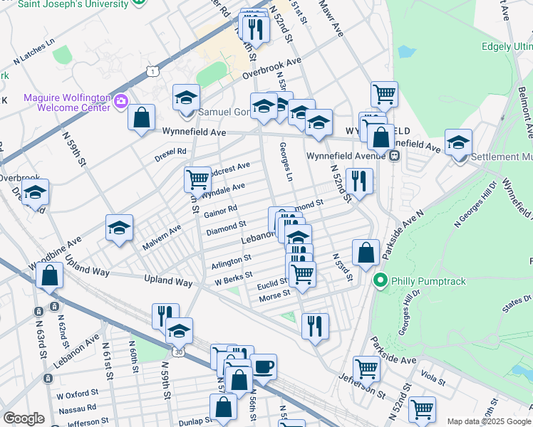 map of restaurants, bars, coffee shops, grocery stores, and more near 5420 Gainor Road in Philadelphia