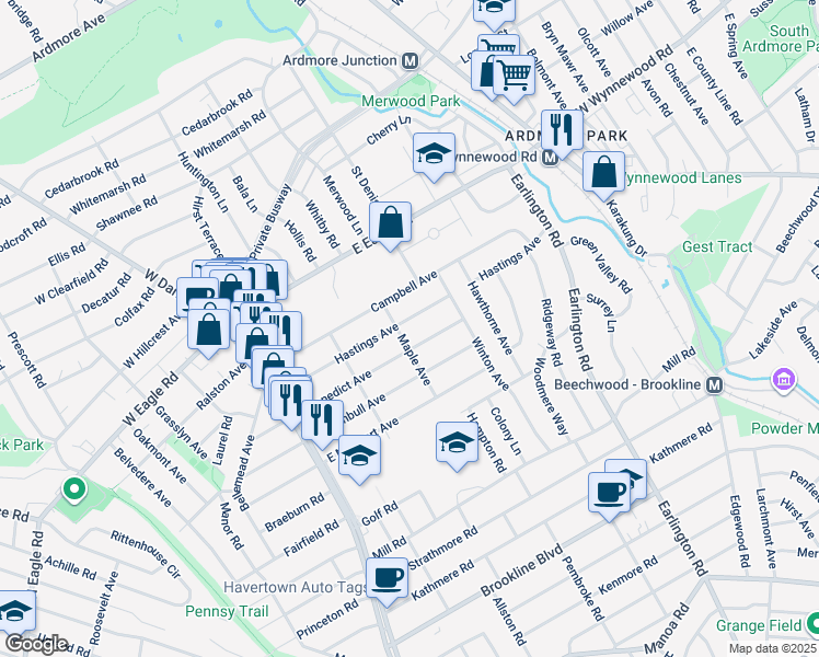 map of restaurants, bars, coffee shops, grocery stores, and more near 207 Hastings Ave in Havertown