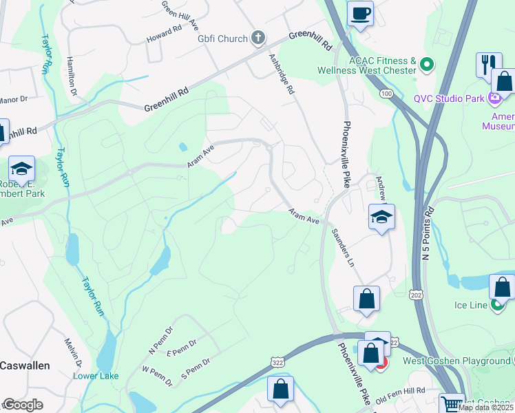 map of restaurants, bars, coffee shops, grocery stores, and more near 1905 Fitzgerald Lane in West Chester