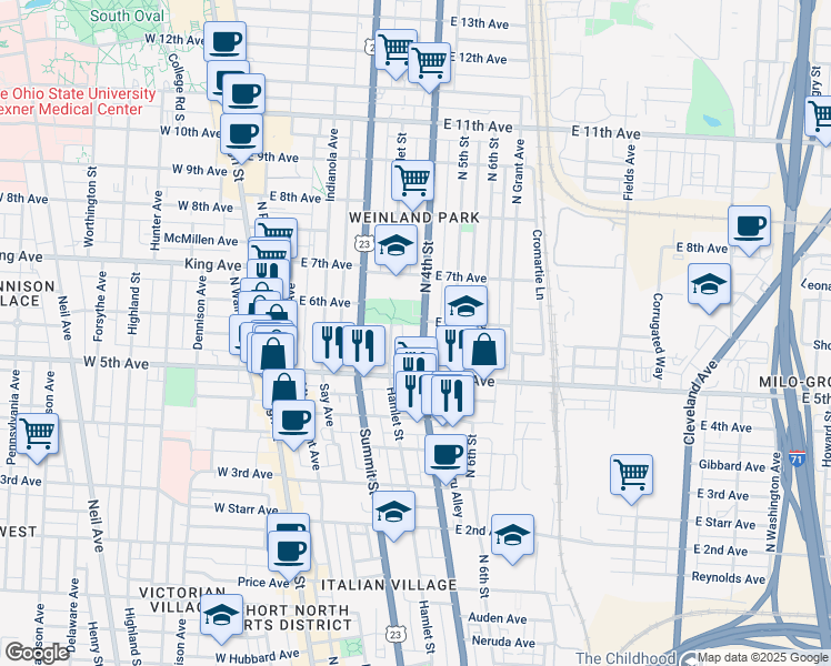 map of restaurants, bars, coffee shops, grocery stores, and more near in Columbus