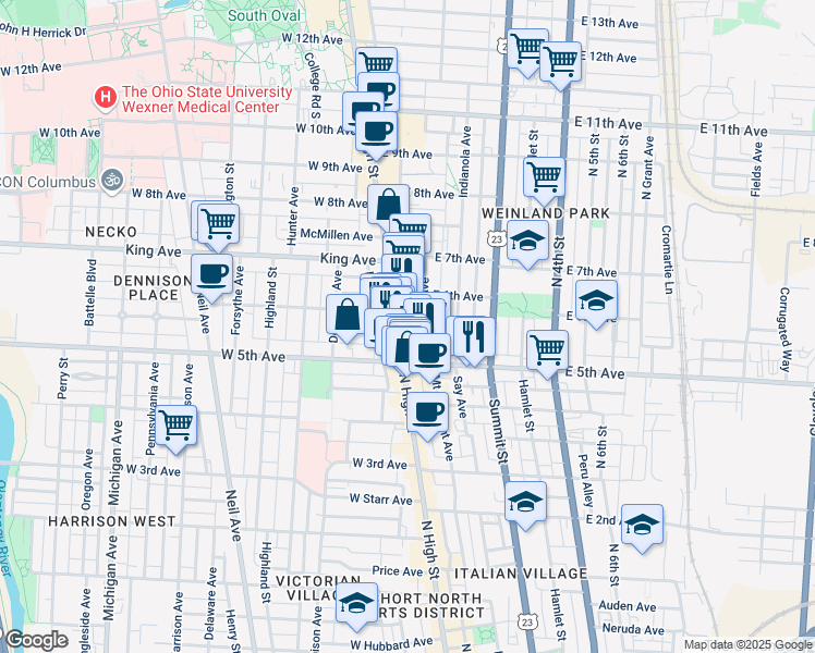 map of restaurants, bars, coffee shops, grocery stores, and more near 1276 North High Street in Columbus