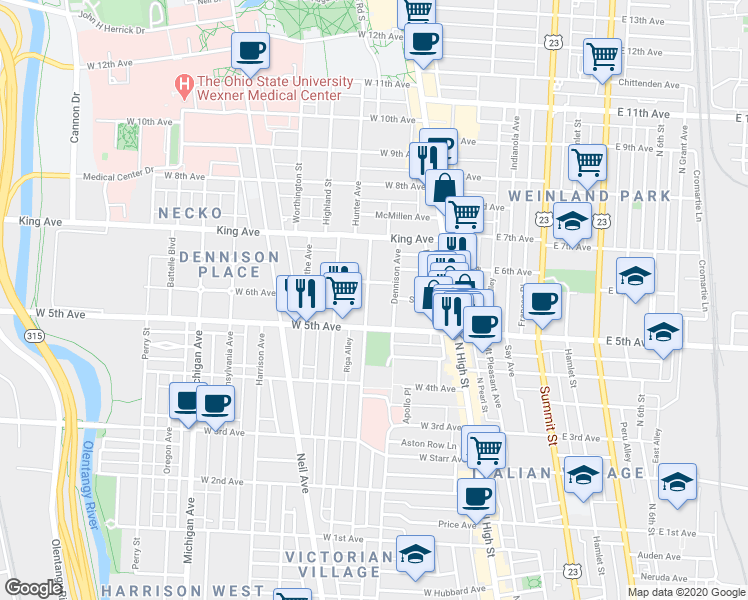 map of restaurants, bars, coffee shops, grocery stores, and more near 1293 Dennison Avenue in Columbus