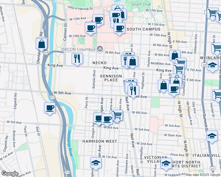 map of restaurants, bars, coffee shops, grocery stores, and more near 373 West 6th Avenue in Columbus