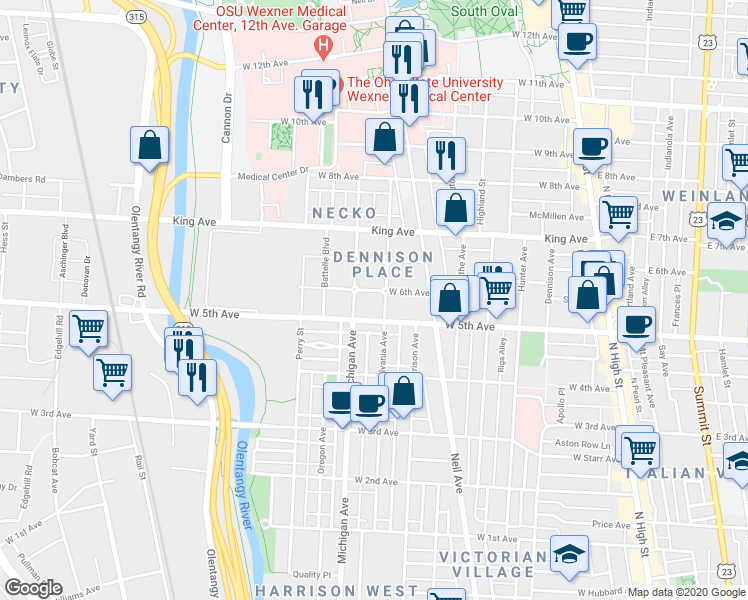 map of restaurants, bars, coffee shops, grocery stores, and more near 373 West 6th Avenue in Columbus