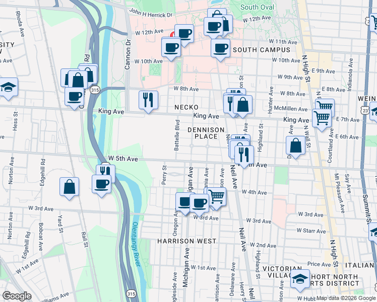 map of restaurants, bars, coffee shops, grocery stores, and more near 433 West 6th Avenue in Columbus
