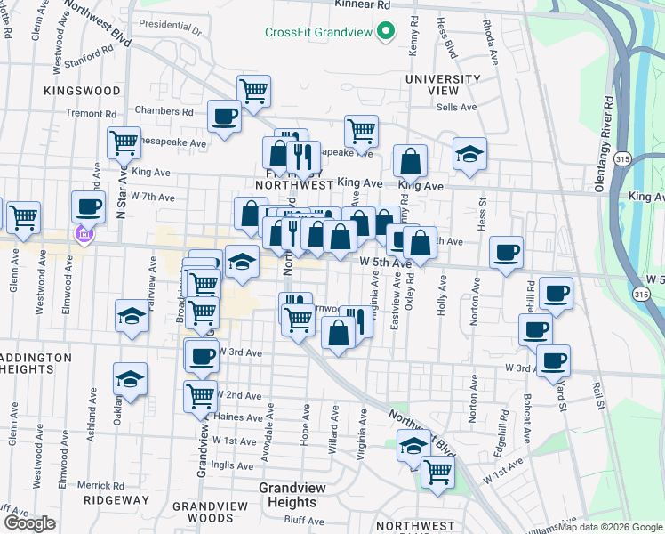 map of restaurants, bars, coffee shops, grocery stores, and more near 1230 West 5th Avenue in Columbus
