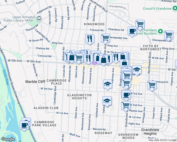map of restaurants, bars, coffee shops, grocery stores, and more near 1535 Elmwood Avenue in Columbus