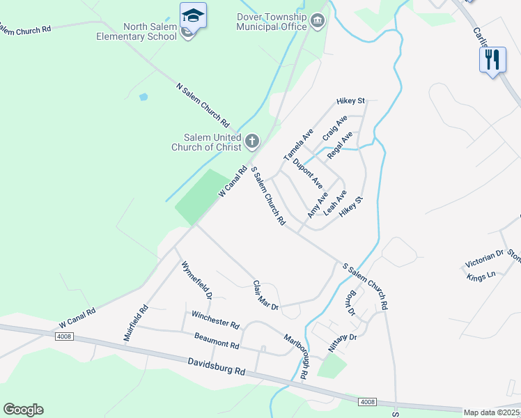map of restaurants, bars, coffee shops, grocery stores, and more near 4830 South Salem Church Road in Dover