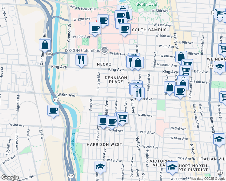 map of restaurants, bars, coffee shops, grocery stores, and more near 365 West 6th Avenue in Columbus