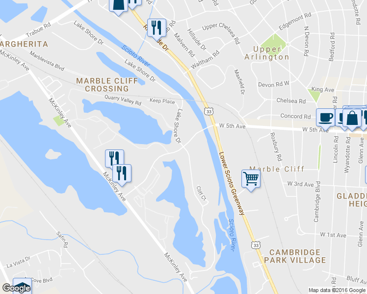 map of restaurants, bars, coffee shops, grocery stores, and more near W 5th Ave & Lake Shore Dr in Columbus