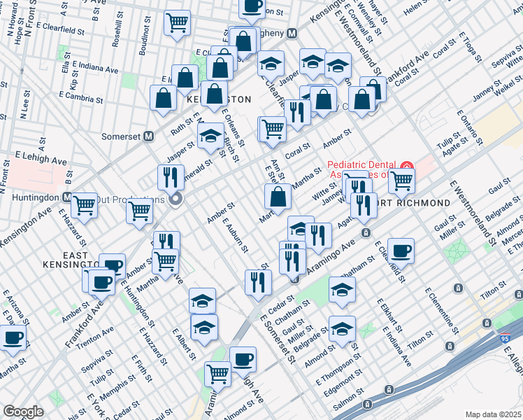 map of restaurants, bars, coffee shops, grocery stores, and more near 2146 East Birch Street in Philadelphia