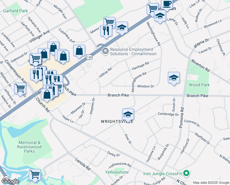 map of restaurants, bars, coffee shops, grocery stores, and more near 704 Windsor Drive in Cinnaminson