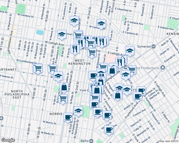 map of restaurants, bars, coffee shops, grocery stores, and more near 2502 North Mascher Street in Philadelphia