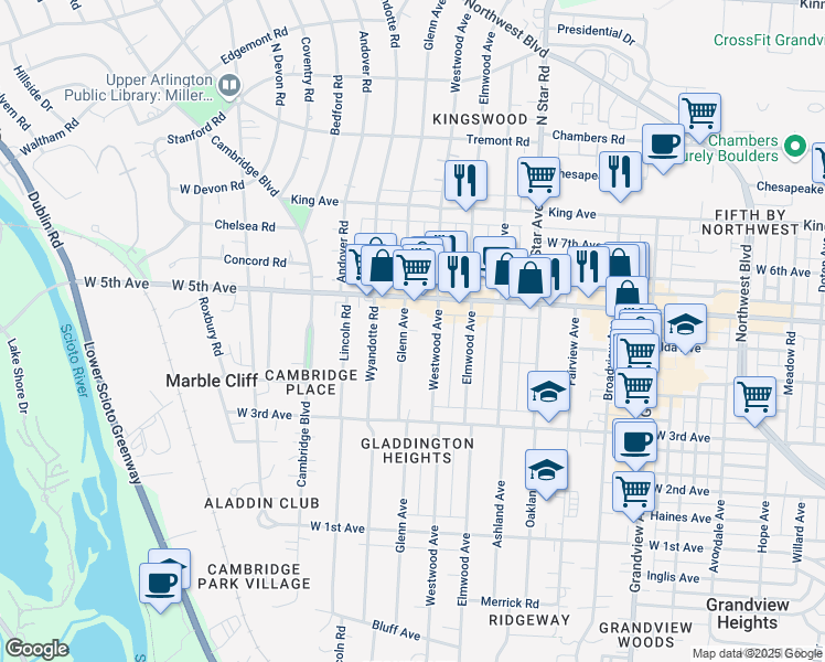 map of restaurants, bars, coffee shops, grocery stores, and more near 1548 Glenn Avenue in Columbus