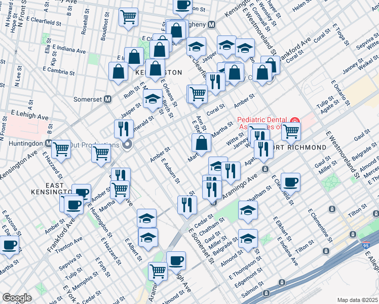 map of restaurants, bars, coffee shops, grocery stores, and more near 2146 East Birch Street in Philadelphia