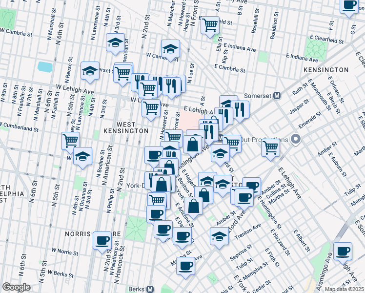 map of restaurants, bars, coffee shops, grocery stores, and more near 2519 North Lee Street in Philadelphia