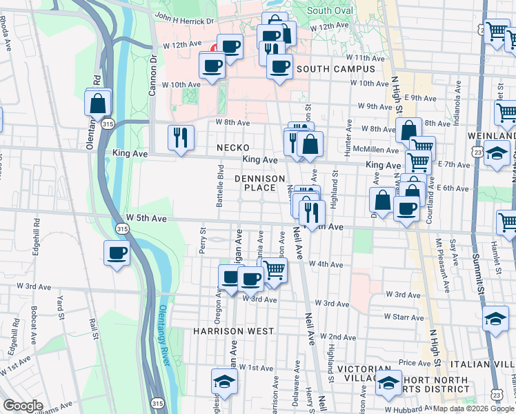 map of restaurants, bars, coffee shops, grocery stores, and more near 353 West 6th Avenue in Columbus
