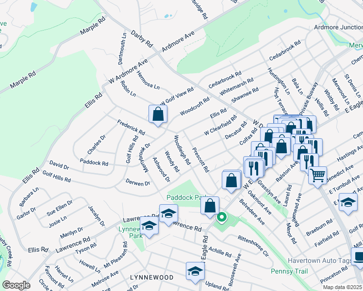 map of restaurants, bars, coffee shops, grocery stores, and more near 2715 Woodleigh Road in Havertown