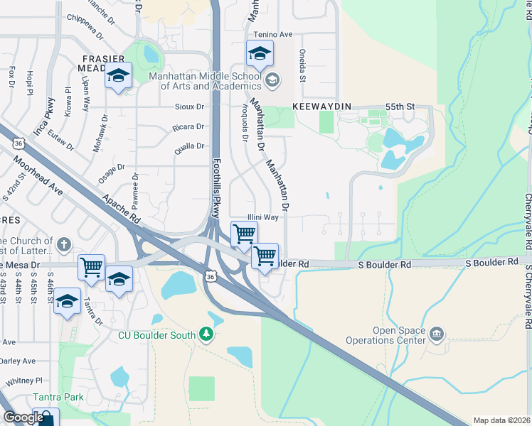 map of restaurants, bars, coffee shops, grocery stores, and more near 110 Iroquois Drive in Boulder
