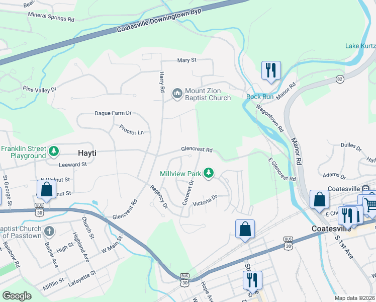 map of restaurants, bars, coffee shops, grocery stores, and more near 301 Glencrest Road in Coatesville