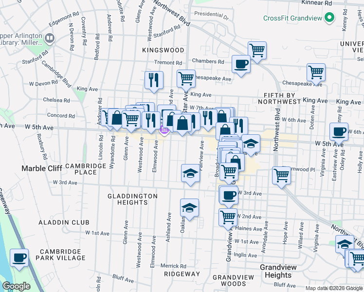 map of restaurants, bars, coffee shops, grocery stores, and more near 1529 North Star Avenue in Columbus