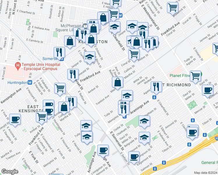 map of restaurants, bars, coffee shops, grocery stores, and more near 2137 East Monmouth Street in Philadelphia