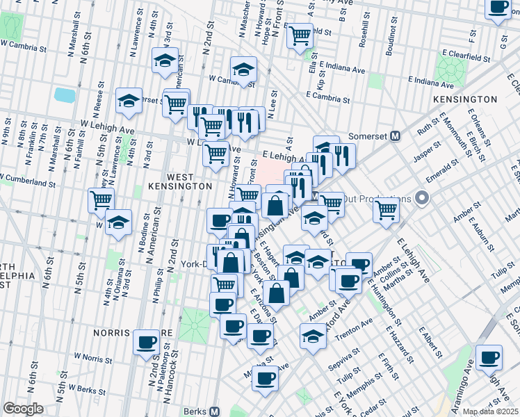map of restaurants, bars, coffee shops, grocery stores, and more near 2519 North Lee Street in Philadelphia