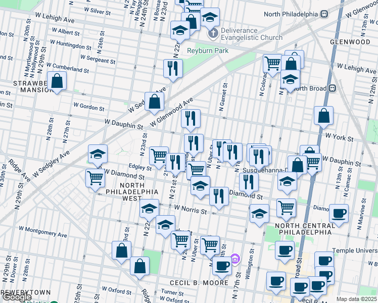 map of restaurants, bars, coffee shops, grocery stores, and more near 2223 North Lambert Street in Philadelphia