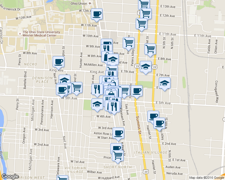 map of restaurants, bars, coffee shops, grocery stores, and more near 1276 North High Street in Columbus
