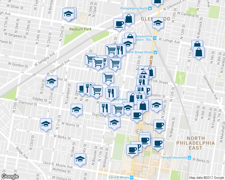 map of restaurants, bars, coffee shops, grocery stores, and more near 2261 N 17th St in Philadelphia