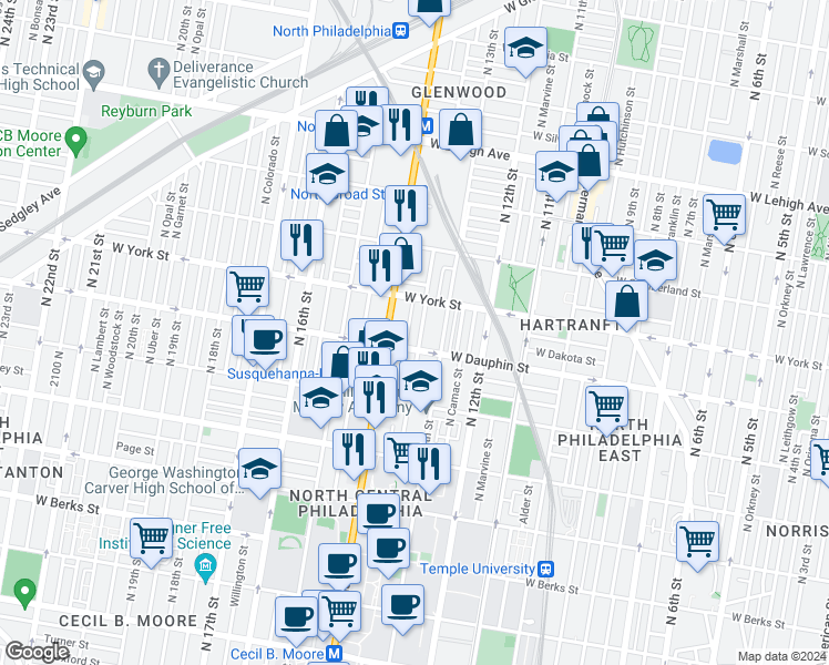 map of restaurants, bars, coffee shops, grocery stores, and more near 2318 North Park Avenue in Philadelphia