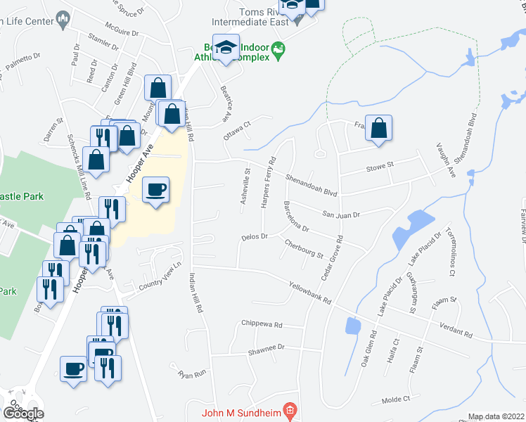 map of restaurants, bars, coffee shops, grocery stores, and more near 32 Harpers Ferry Road in Toms River