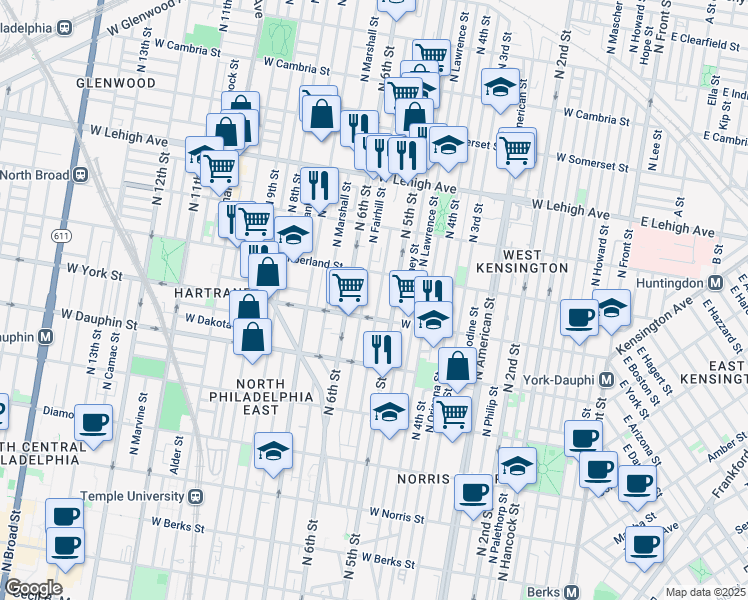 map of restaurants, bars, coffee shops, grocery stores, and more near 2416 North Reese Street in Philadelphia